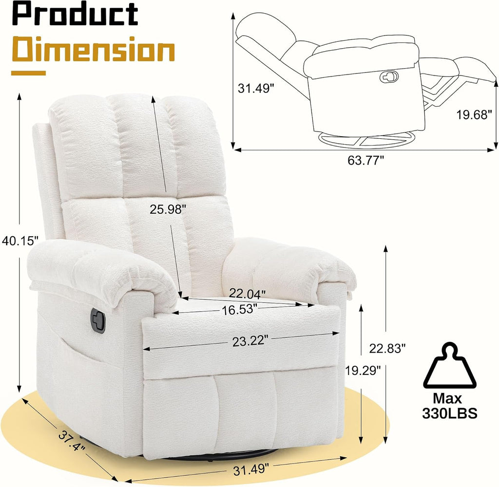 Korser Recliner Chair, Swivel Rocker Recliner Chair for Adults, Small Recliners for Small Spaces, Upholstered Manual Recliner with Side Pockets, Nursery Rocking Chair for Living Room, Chenille, Beige