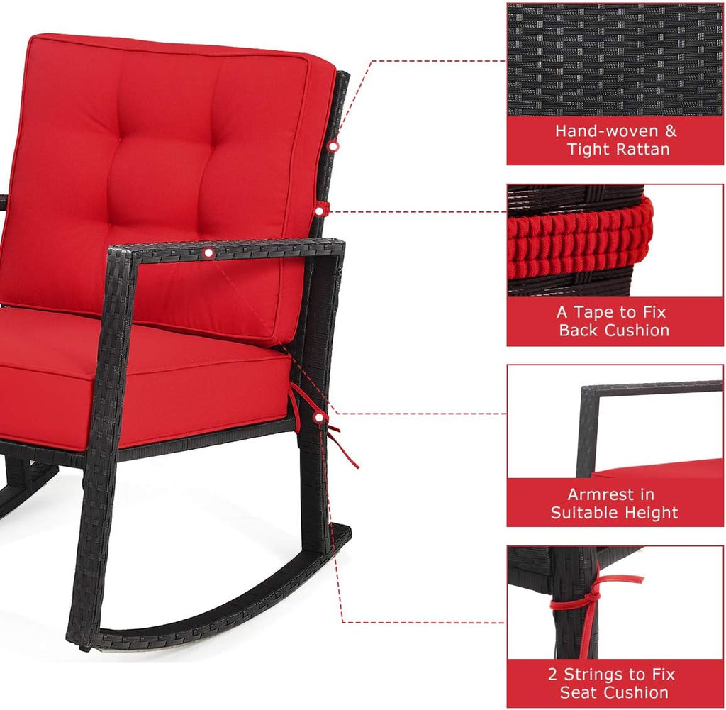 Tangkula Wicker Rocking Chair, Outdoor Glider Rattan Rocker Chair with Heavy-Duty Steel Frame, Patio Wicker Furniture Seat with 5' Thick Cushion for Garden, Porch, Backyard, Poolside (2, Red)