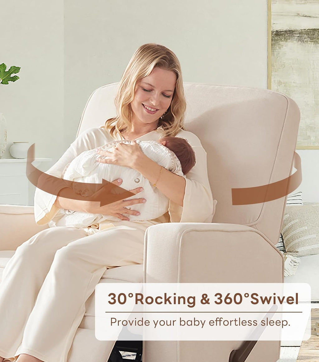 Tbfit Nursery Rocking Chair,360°Swivel Recliner Chair with Lumbar Support for Bedroom, Comfy Upholstered Armchair with Pillows & Footrest for Living Room & Baby Room
