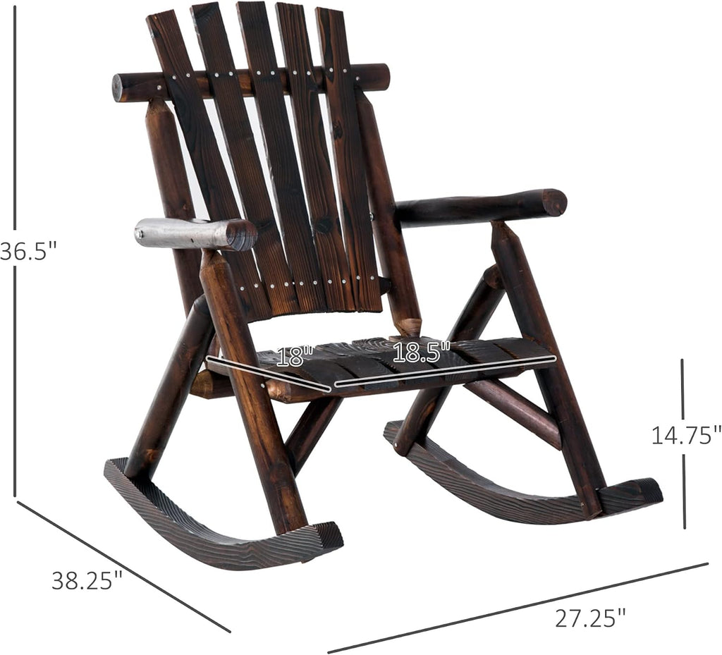 Outsunny Outdoor Wooden Rocking Chair, Single-Person Rustic Adirondack Rocker with Slatted Seat, High Backrest, Armrests for Patio, Garden and Porch, Brown