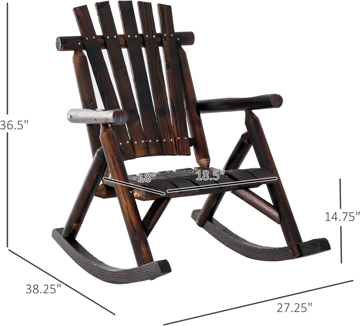 Outsunny Outdoor Wooden Rocking Chair, Single-Person Rustic Adirondack Rocker with Slatted Seat, High Backrest, Armrests for Patio, Garden and Porch, Brown