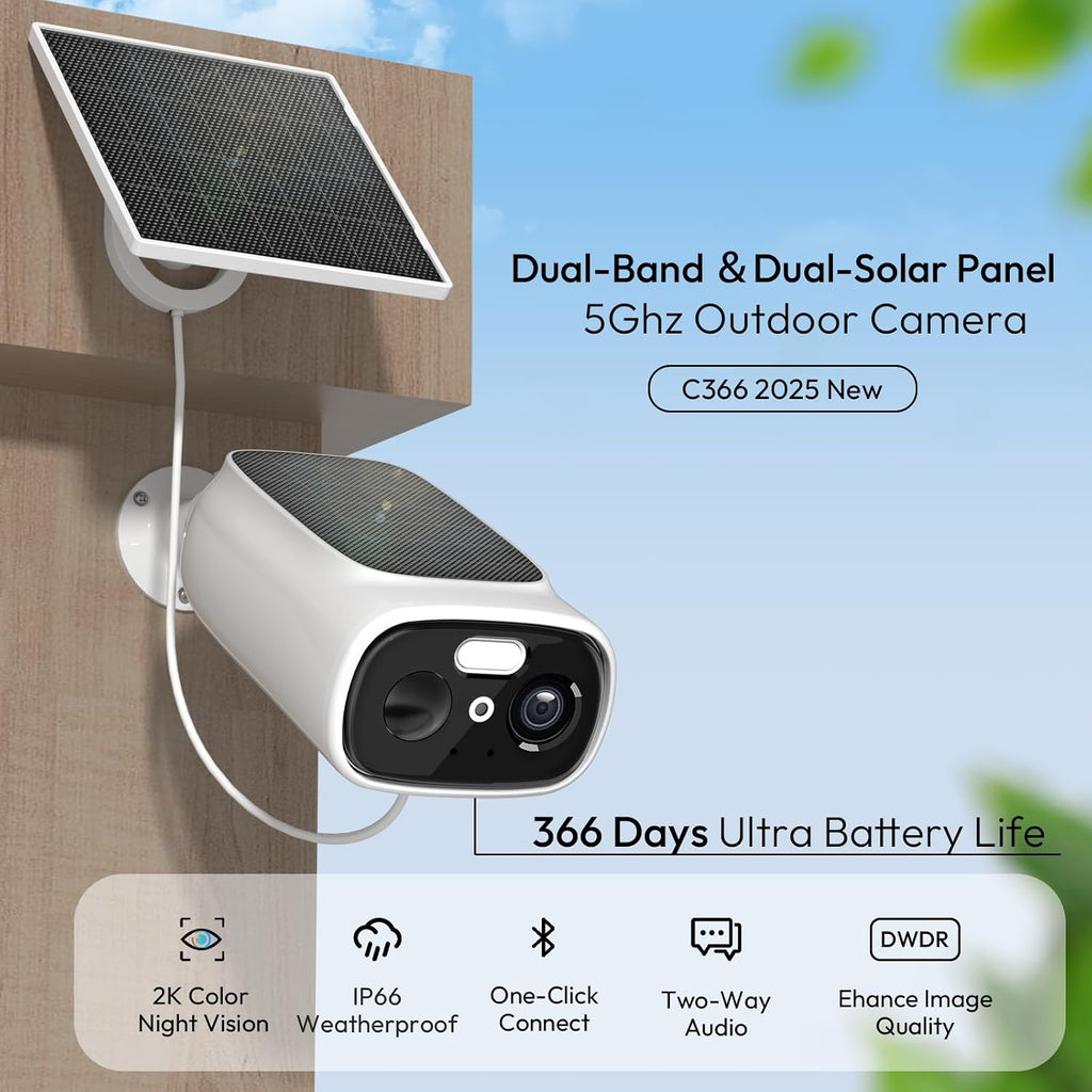 ELECCTV 2K Solar Camera Outdoor Wireless, 2.4/5 Ghz WiFi Cameras for Home Security,130°-Wide View,Color Night Vision, IP65 Waterproof,2-Way Audio,Cloud/SD, Support Alexa