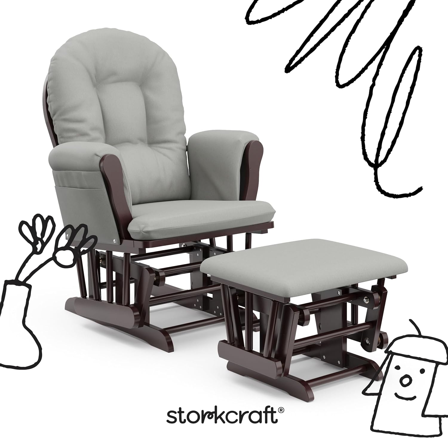 Storkcraft Premium Hoop Glider & Ottoman (Espresso/Light Gray) — GREENGUARD Gold Certified Nursery Glider, Solid Wood Craftsmanship, Smooth-Gliding Nursery Chair and Ottoman, Award-Winning