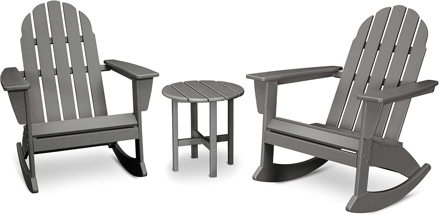 POLYWOOD Vineyard 3-Piece Adirondack Rocking Chair Set, Outdoor Patio Furniture with Side Table, Recycled Plastic, Fade-Proof Front Porch Rockers for Adults, Slate Grey