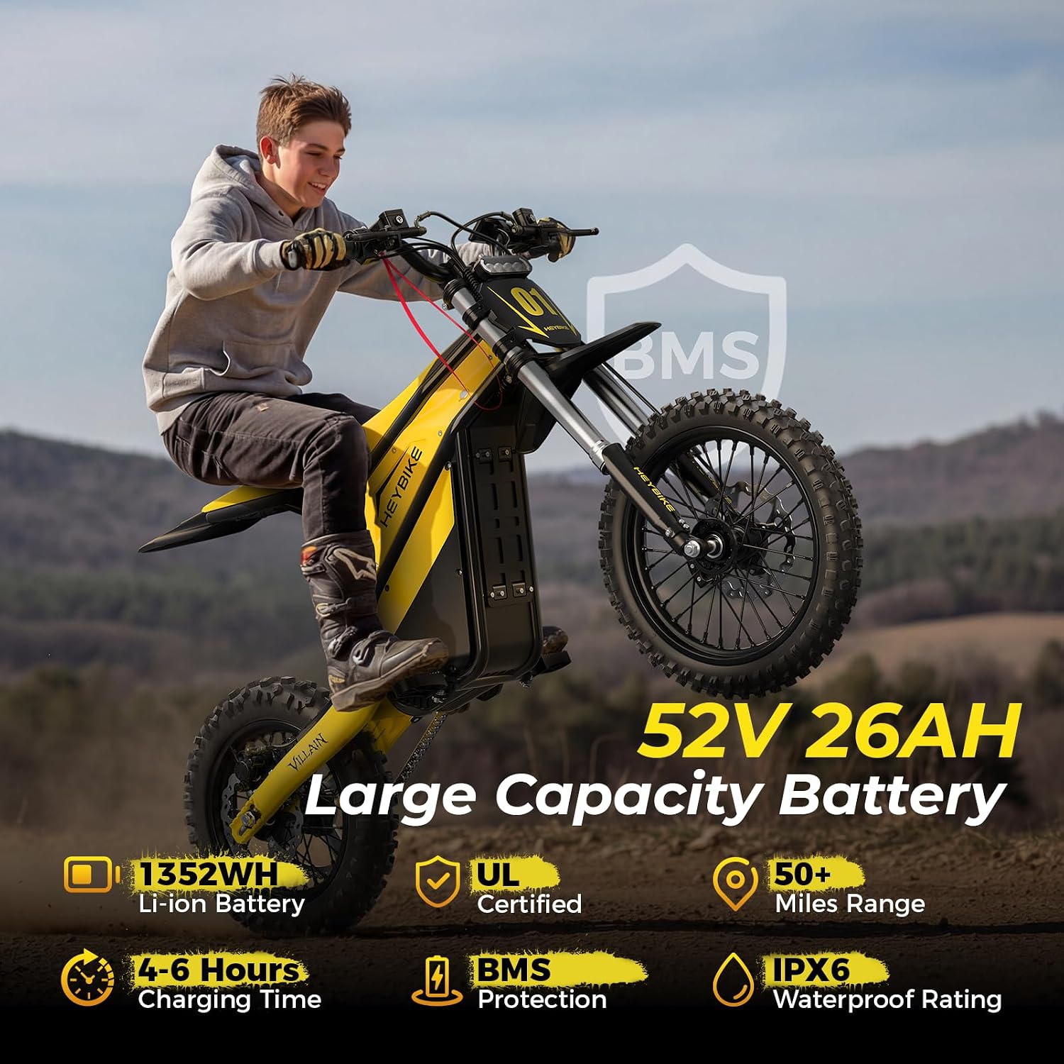 Heybike Villain Electric Dirt Bike with 4160W Motor 1352WH Battery, Up to 45 MPH, 50 Miles Range, 14'/12' Fat Tire Electric Bike with Hydraulic Brakes&Dual Suspension, Off-Road E-Bike
