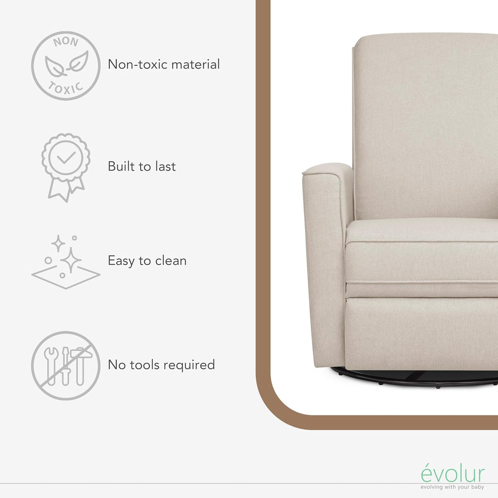 Evolur Raleigh Upholstered Manual Glider Recliner– Rocking & 360° Swivel with Smooth Glide – Greenguard Gold & FSC Certified – Modern Nursery and Living Room Chair in Light Sand