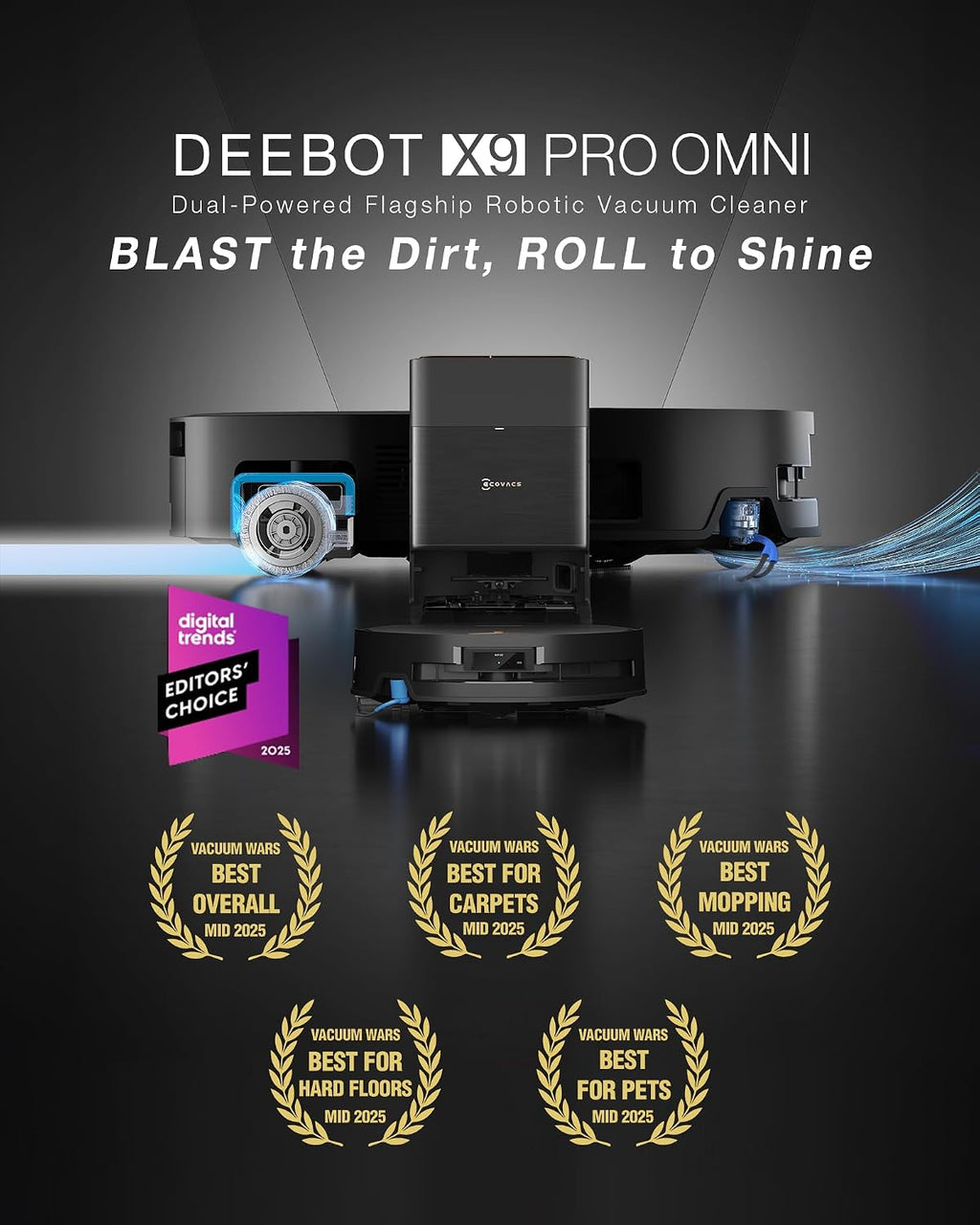 ECOVACS DEEBOT X9 PRO Omni Robot Vacuum and Mop, 16,600Pa Suction, OZMO Roller Self-Washing Mop, ZeroTangle 3.0, Triple Lift System, AI Navigation, Hands-Free Station