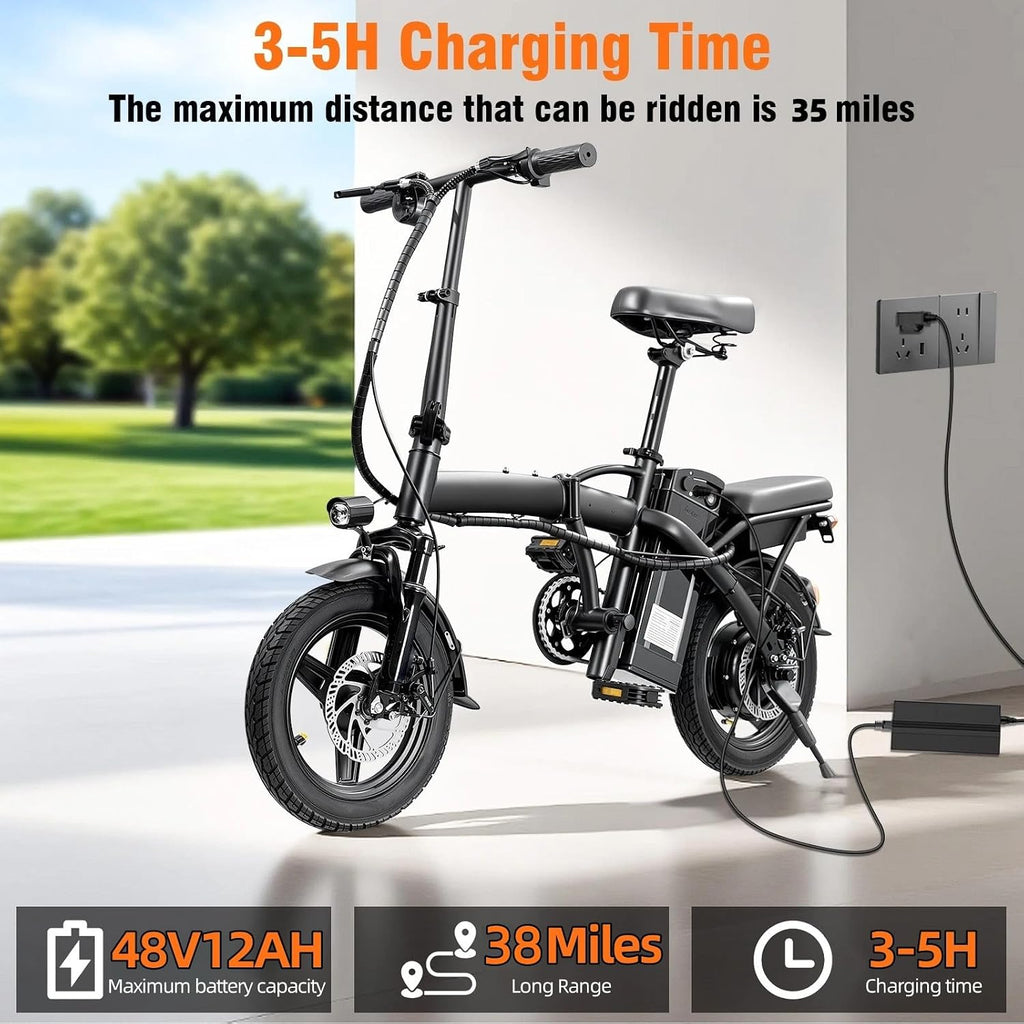 Foldable Electric Bike for Adults，23MPH & 38Miles Long Range Electric Bicycles，500W Motor 48V/12Ah Battery，14' Folding Mini ebikes for Teens，3-Speed & PAS Mode， Commuter City Certified E-Bike