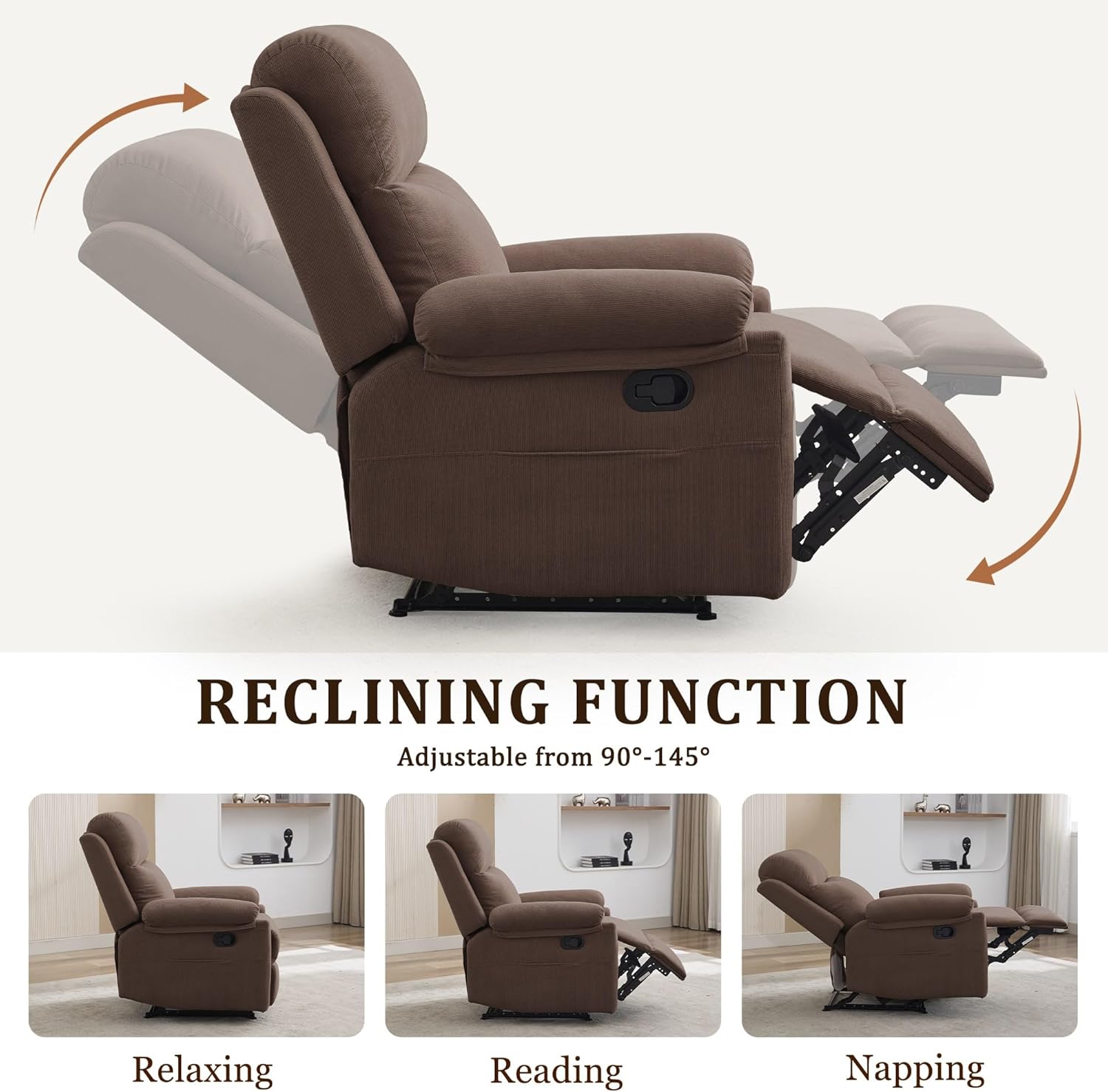 Korser Recliner Chairs, Small Recliners for Small Spaces, Manual Recliner for Adults with Side Pockets, Adjustable Overstuffed Comfy Corduroy Reclining Chair for Living Room, Bedroom, Reading, Brown