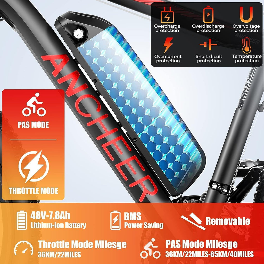 ANCHEER 26' Electric Bike for Adults, Peak 749W Ebike, 19.8MPH Electric Bicycle with 48V 374Wh / 48V 499Wh Battery(3H Fast Charge), LCD Display, Front Suspension, UL2849 Compliant