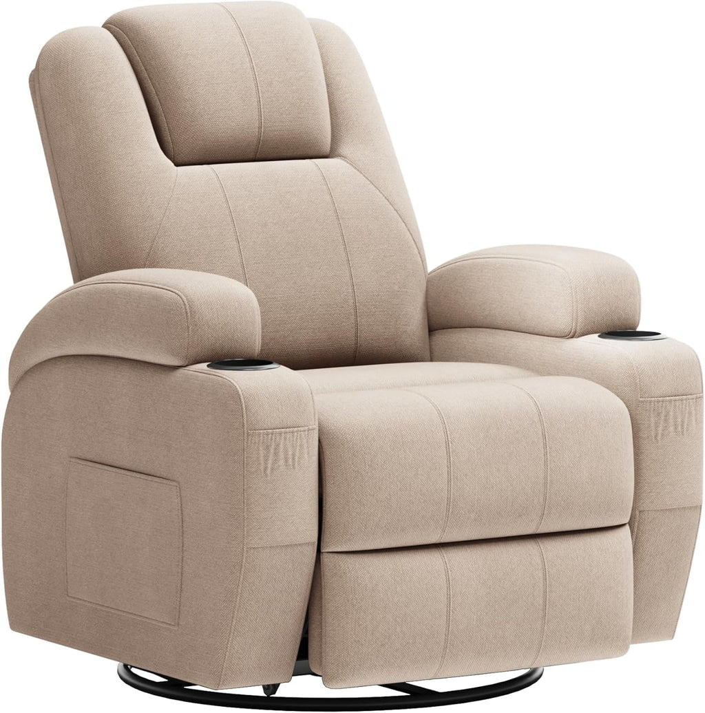 Flamaker Swivel Rocker Recliner Chair with Vibration Massage, 360° Swivel Recliner Chairs for Adults Ergonomic Lounge Chair with Cup Holders Lazy Boy Recliner Single Sofa Seat (Fabric, Khaki)