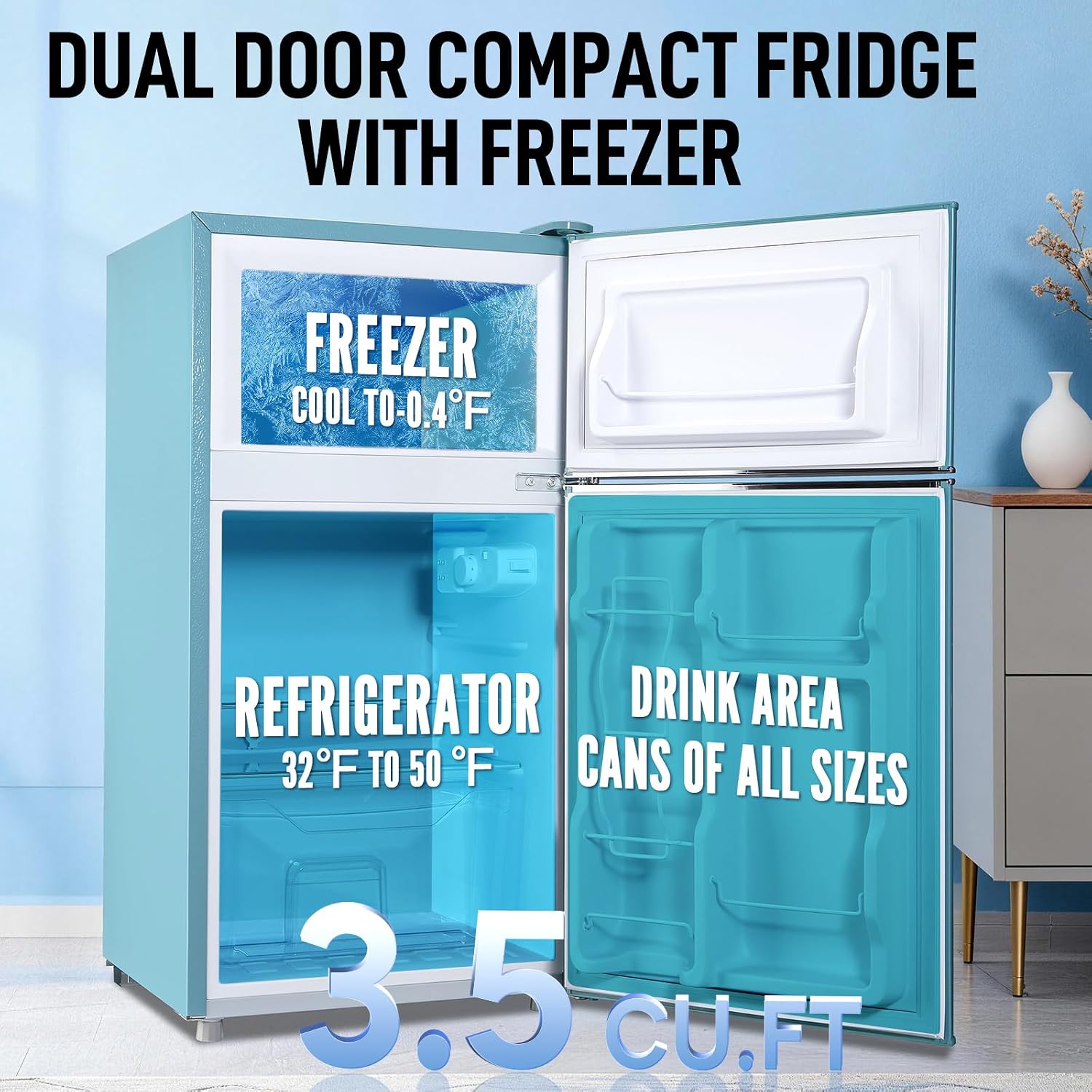 WANAI 2 Door 2 Handle Refrigerator with Freezer-on-top, Spacious 3.5 Cubic Feet Capacity Fridge with 7-Level Adjustable Thermostat & 2 Removable Shelves Blue
