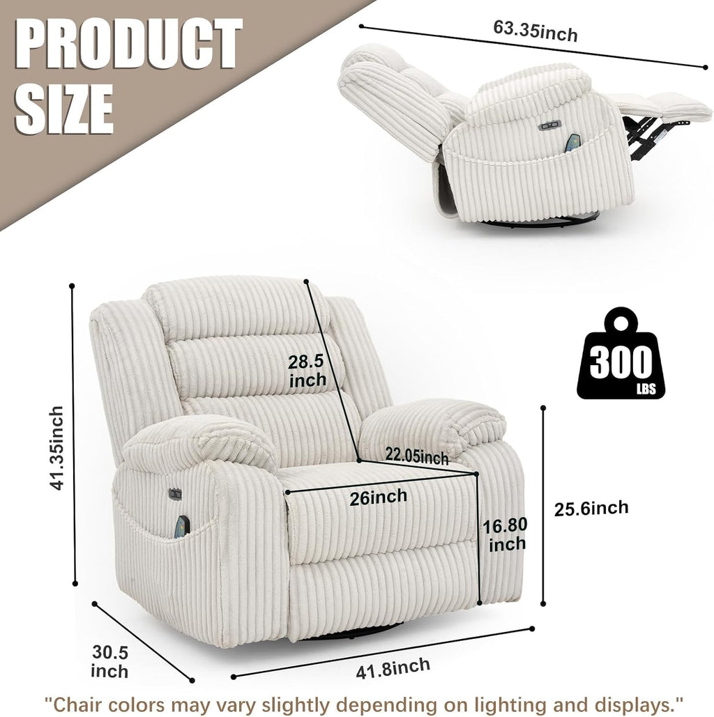 SINCRUMI Power Swivel Rocker Recliner Chair for Adults with Massage and Heat, USB and Type-C Charging Port, Infinite Position, Electric Glider Rocking Chairs for Living Room, Nursery, Pale Grey