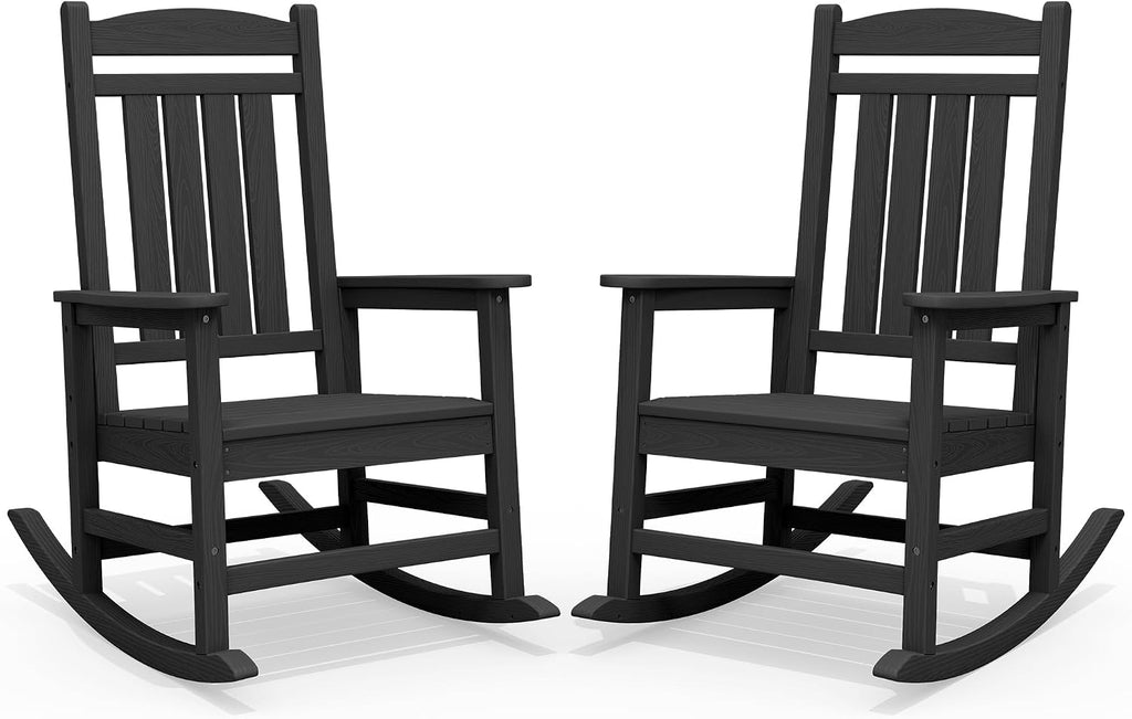 SERWALL Oversized HDPE Outdoor Rocking Chair Set of 2, Patio Rocking Chairs, All-Weather Porch Rockers for Adults, Black