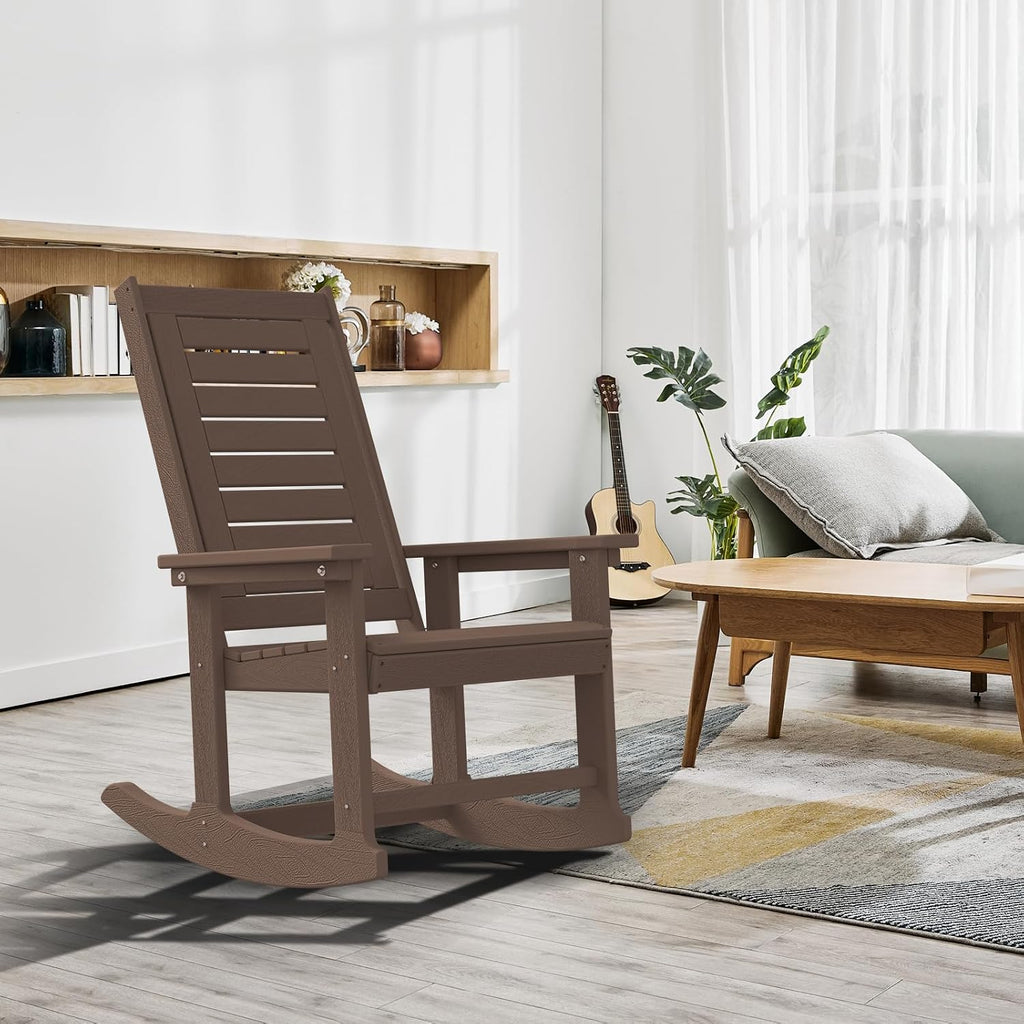 GREENVINES Outdoor Rocking Chairs | Porch Rocker | HDPE Plastic | Wood Grain | Oversized Rockers | High Back | Big & Tall | Ladder Back | Dark Brown | for Patio Outside