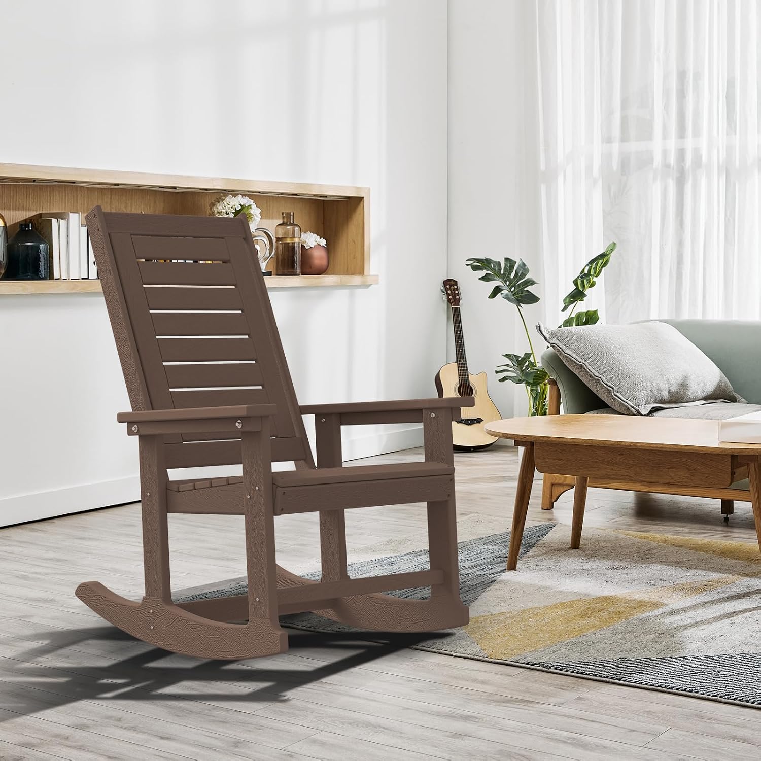 GREENVINES Outdoor Rocking Chairs | Porch Rocker | HDPE Plastic | Wood Grain | Oversized Rockers | High Back | Big & Tall | Ladder Back | Dark Brown | for Patio Outside