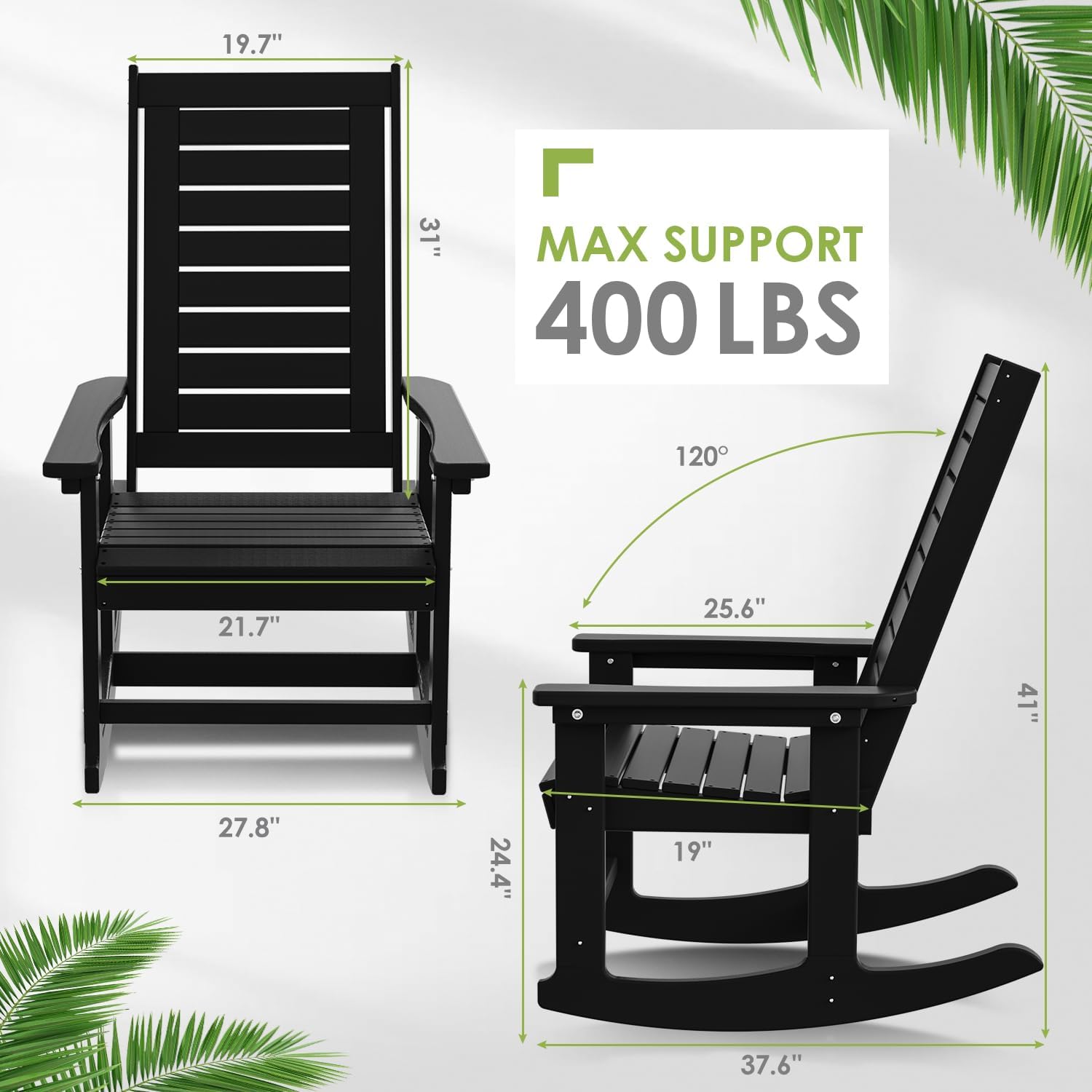 GREENVINES Outdoor Rocking Chairs | Set of 4 | Porch Rocker | HDPE Plastic | Black | Oversized Rockers | High Back | Big & Tall | Ladder Back | for Patio Outside Backyard Balcony Garden