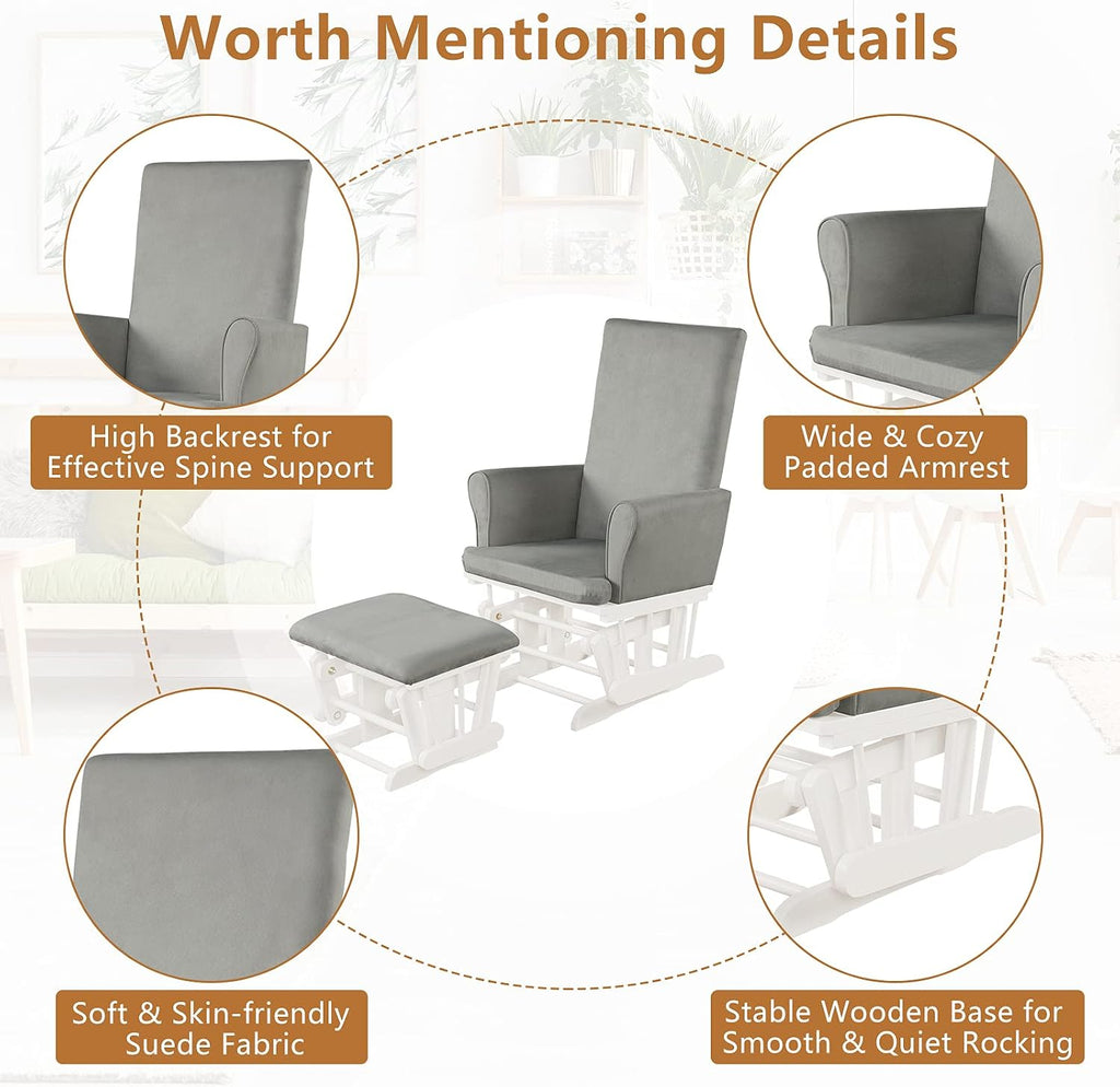 Costzon Glider and Ottoman Set, Wood Baby Rocker Nursery Furniture for Napping Reading Nursing, Cleanable Upholstered Comfort Rocking Nursery Chair with Detachable Cushion (Light Gray)