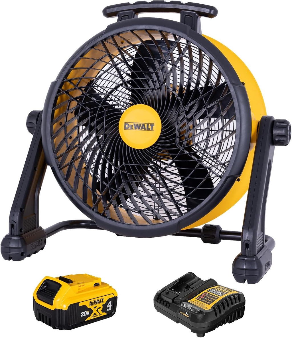 DEWALT Industrial High-Velocity Floor Fan with Battery & Charger, AC/DC Dual Power Supply, 270° Adjustable Tilt Design 3-Speed 4000 CFM 6 ft Cord 18-Inch Barrel Fan, DXF1850A