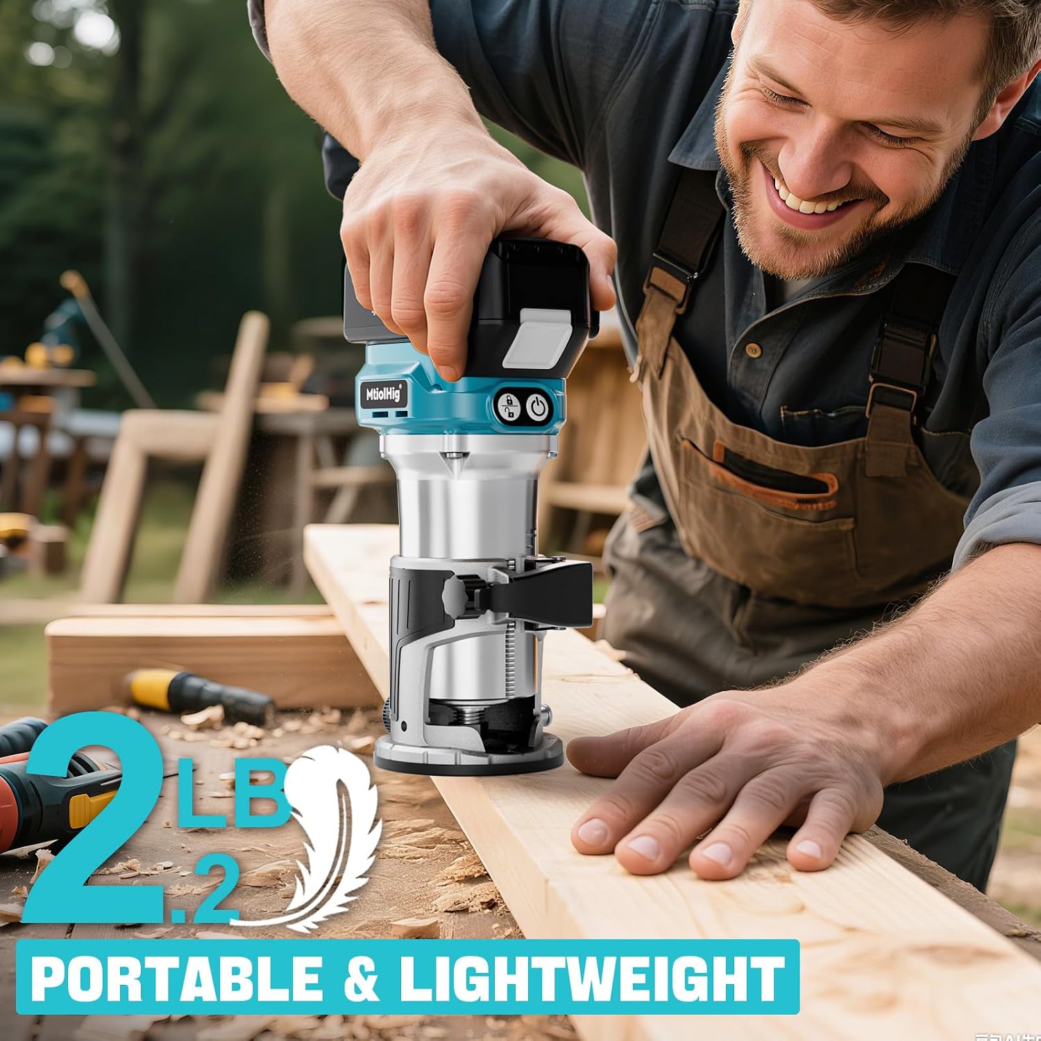 MtiolHig Cordless Compact Router Compatible with Makita 18V Battery, With 1 x 5.0Ah Rechargeable Battery, 6 Pcs Router Bits for Woodworking, 6 Variable Speeds Router With Trim Bits