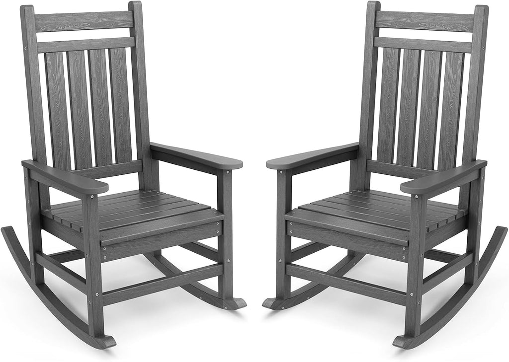 SERWALL Outdoor Rocking Chair Set of 2, HDPE Rocking Chairs for Adult, All Weather Porch Rockers for Lawn Garden, Grey