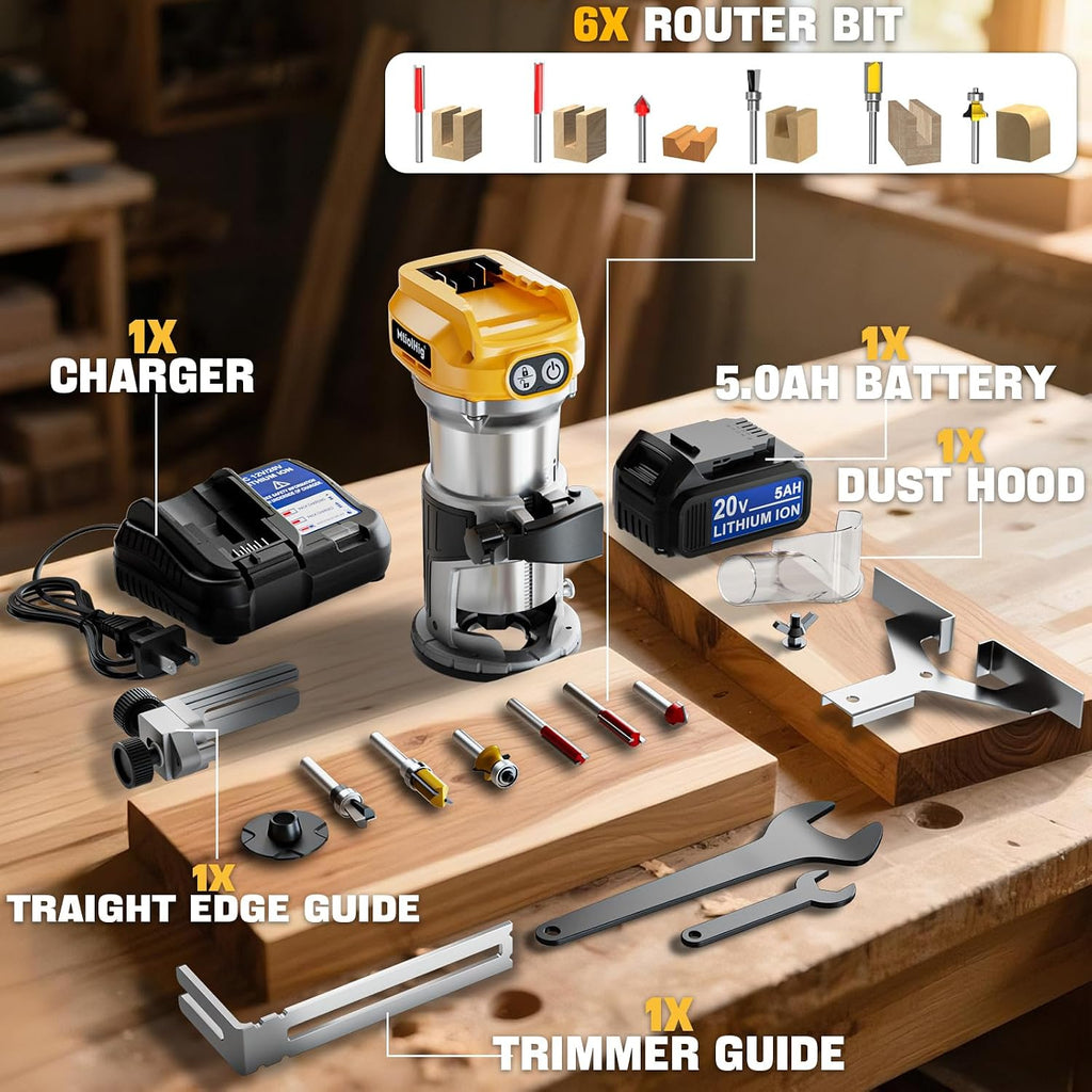 MtiolHig Cordless Compact Router Compatible with Dewalt 20V Battery, With 1 x 5.0Ah Rechargeable Battery, 6 Pcs Router Bits for Woodworking, Router With Trim Bits, Edge & Roller Guide