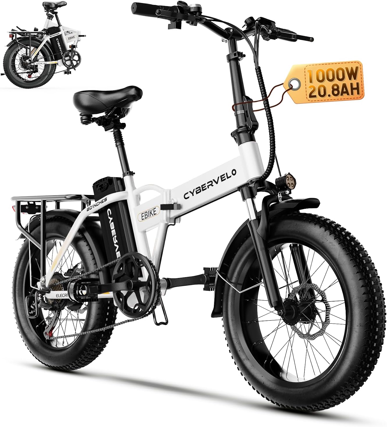 YorkE 1000W Folding Electric Bike, 48V 20AH Large Removable Battery E Bike, 30+MPH, 80 Miles Max Range, 20' Fat Tire Electric Bike for Adults, Adult Electric Bicycles for Commute, 7-Speed