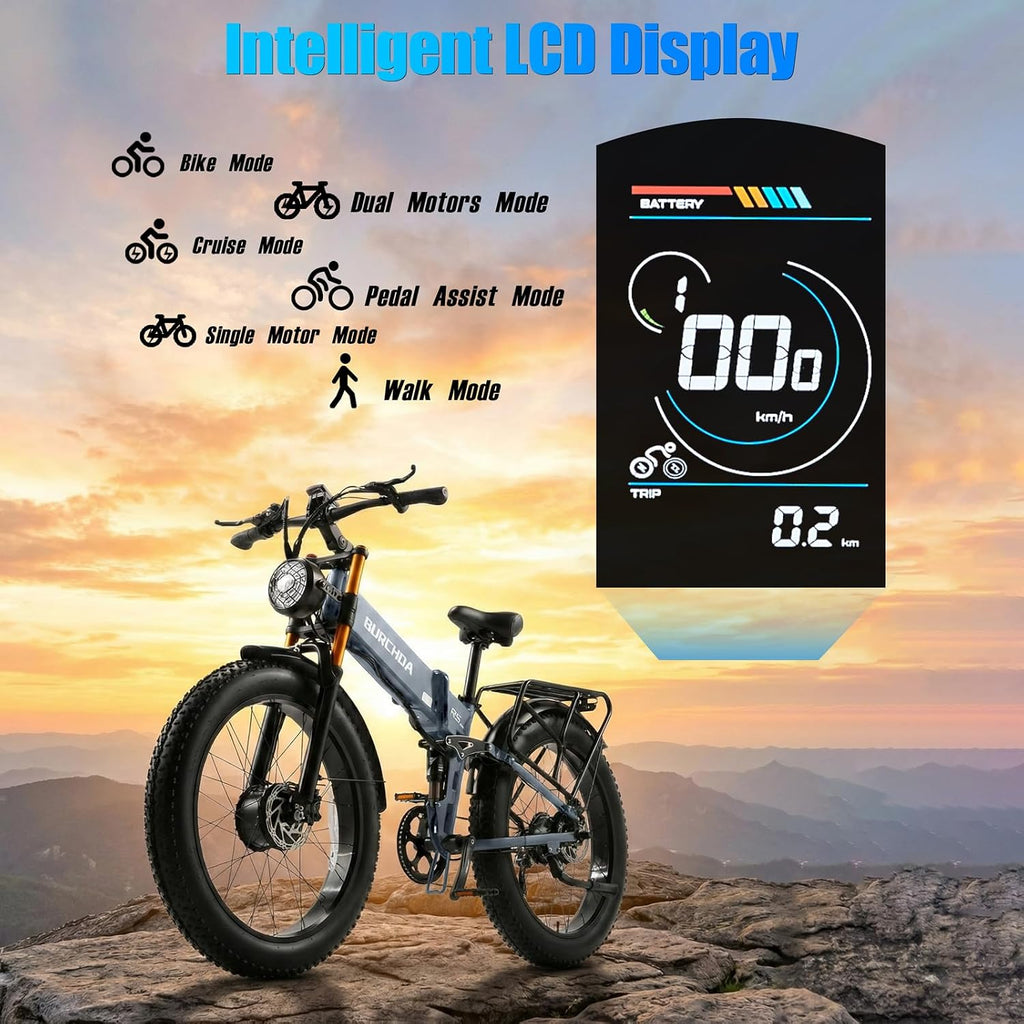 DAMSON Electric Bike for Adults Dual Motor AWD 5000W/3000W/1500W Peak 40MPH/30MPH Dirt Ebike, 52V/48V Max-Output Up to 65/80/120/160 Miles Long Range, 26' Full Suspension Fat Tire Mountains Bicycle