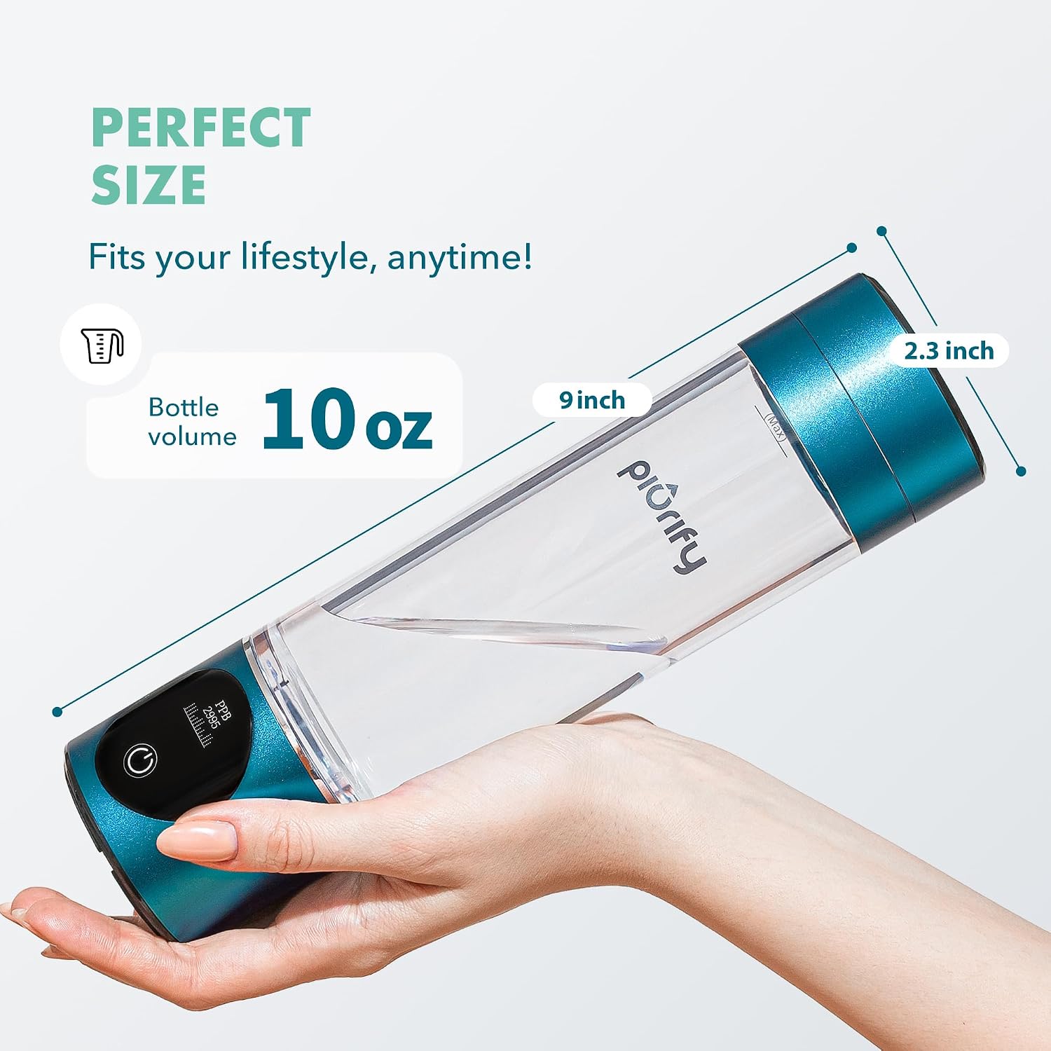 PIURIFY Hydrogen Water Bottle Generator - Up to 4100+ PPB Molecular Hydrogen Infusion - SPE/PEM Technology - Certified H2 Generator - Rechargeable - Extended Warranty - 10 oz (Turquoise)