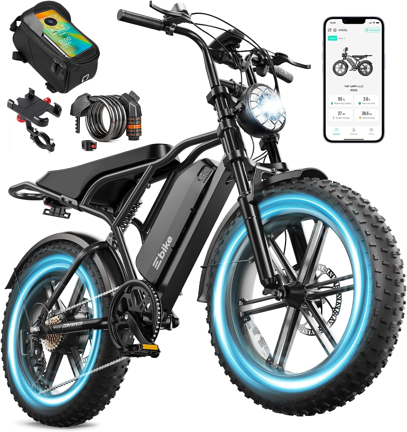 TST Electric Bike for Adults, 1500W Peak Motor 60 Miles Fat Tire Ebike with 48V 15Ah Removable Battery 20' Fat Tire Electric Bike, Full Suspension and 7-Speed