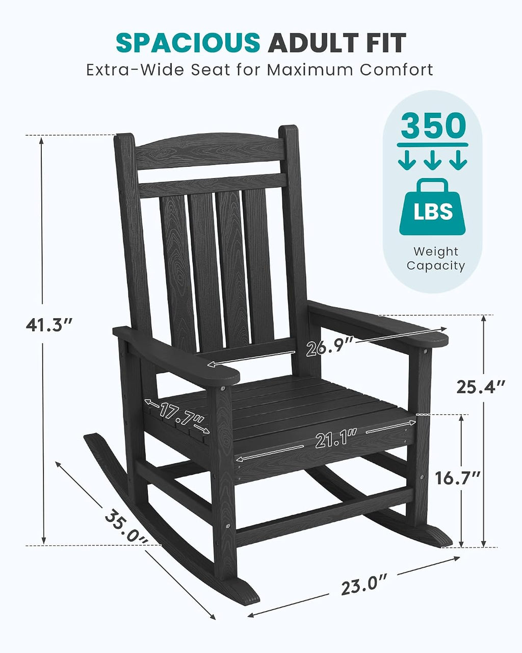 SERWALL Oversized HDPE Outdoor Rocking Chair Set of 2, Patio Rocking Chairs, All-Weather Porch Rockers for Adults, Black