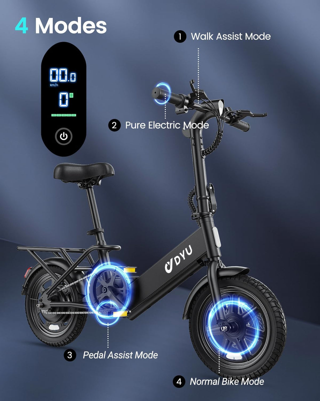DYU Electric Bike for Adults Teens, Folding Electric Bicycle,Commuter City E-Bike with 350W Motor and 36V 7.8Ah Battery,3 Levels Assist, Dual Disc Brakes
