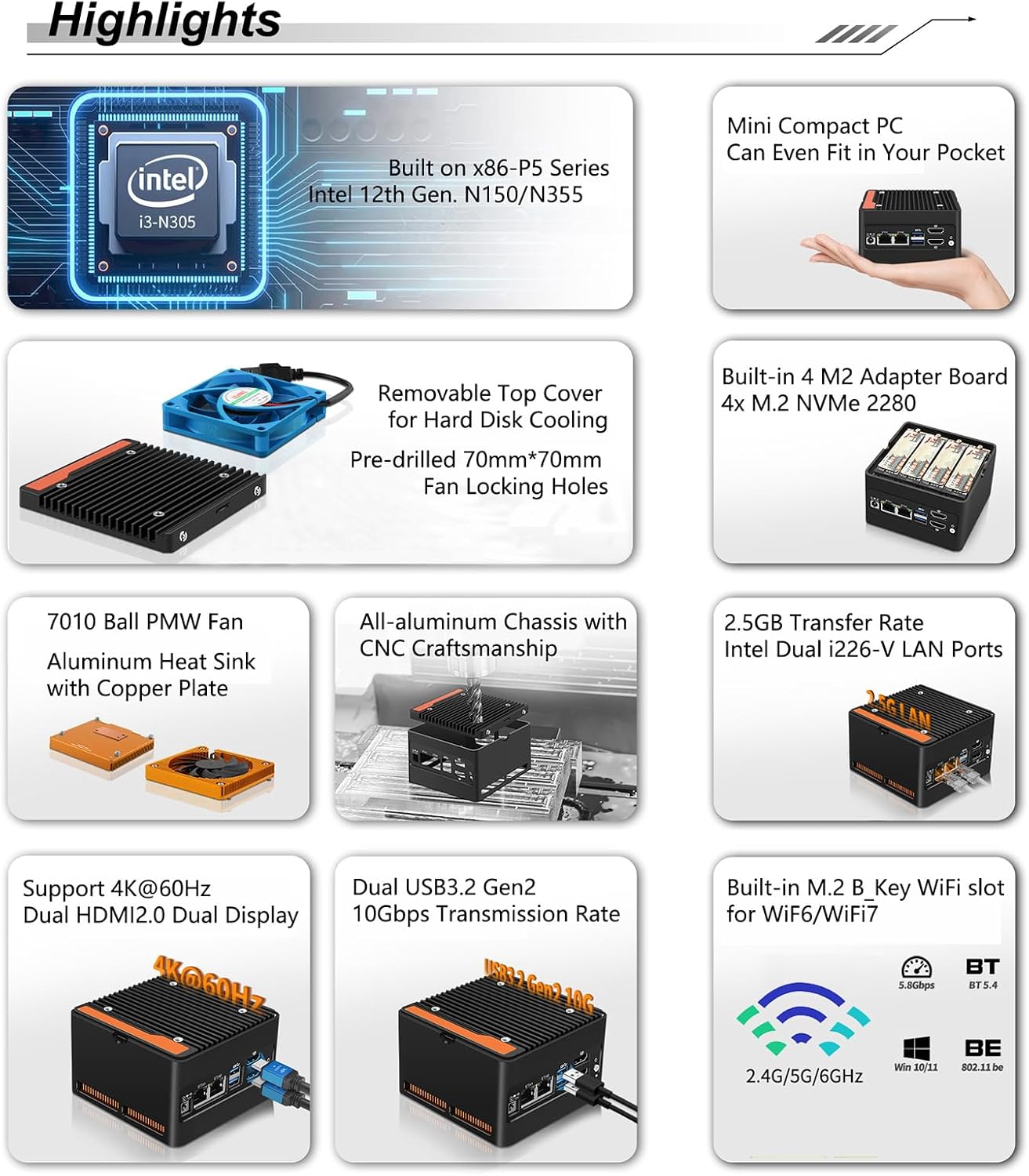 StoneStorm 4-Bay NAS Mini PC Dual 2.5GbE i226-v LAN Ports, N355 with DDR5 MAX 48GB, 4 M.2 NVMe 2280, Dual 4K Display, 2 USB3.2 10Gbps for Micro Firewall Router/Pocket Computer (Barebone)