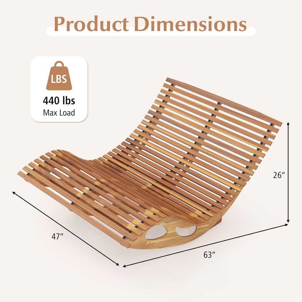 Giantex Extra-Large Dual Outdoor Rocking Chair, Acacia Wood Patio Lounge Chair with Ergonomic Curved & Slatted Seat, Bottom Stopper, 63'x47'x26' Lounger, 2-Person Loveseat, Rocker for Porch, Yard (1)