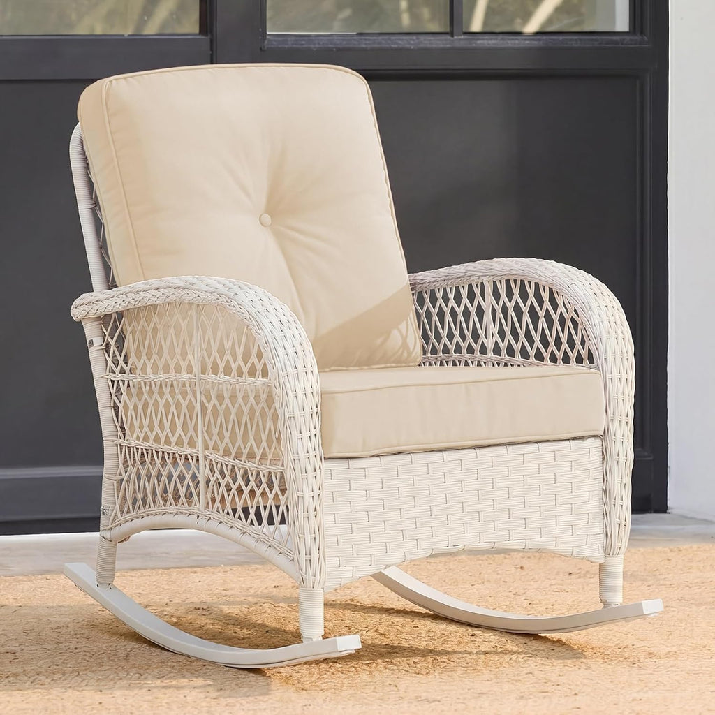 VIVIJASON Outdoor Wicker Rocking Chair, Patio Rattan Rocker Chair with Cushions & Steel Frame, All-Weather Rocking Lawn Furniture for Garden Backyard Porch, Cream White/Beige