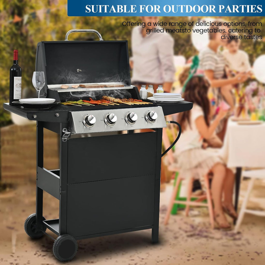 Patio Propane Gas Grill Stainless Steel, 4-Burner BBQ Grill with Top Cover Lid, Spacious Cooking Area and 2 Side Shelves, for Outdoor Patio Garden Picnic Backyard, Black