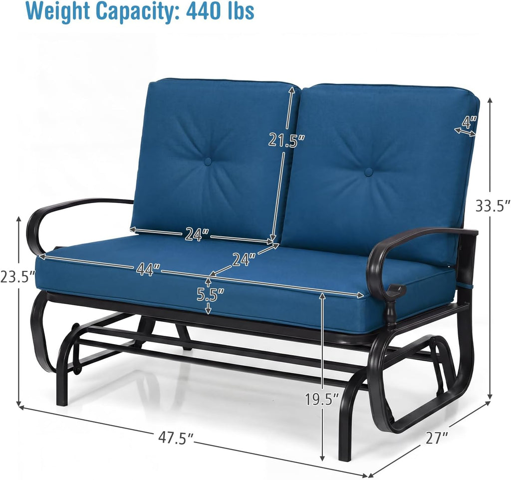 Giantex Outdoor Glider Bench, Patio 2 Person Loveseat with Removable Cushion, Thick Padded Seat, Stable Steel Frame, Outside Glider Swing Chair for Deck, Poolside, Yard, Porch Glider (Blue)