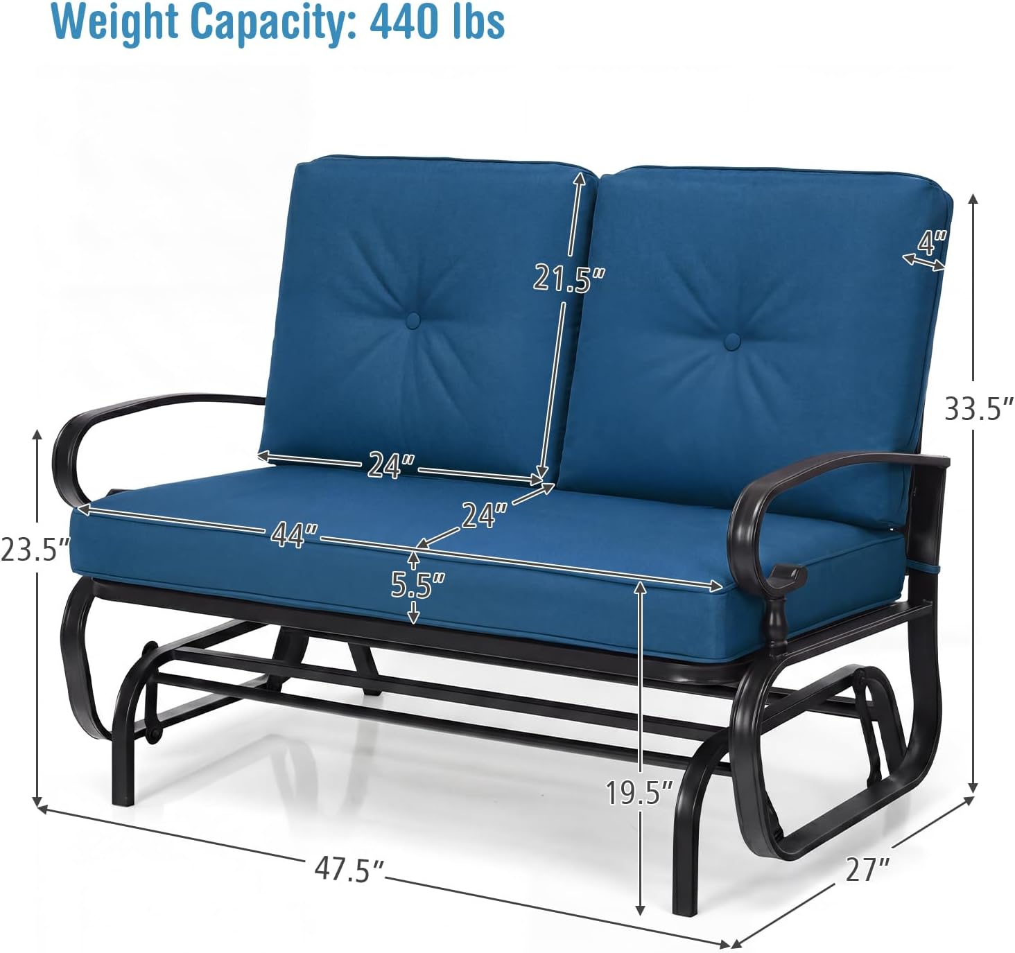 Giantex Outdoor Glider Bench, Patio 2 Person Loveseat with Removable Cushion, Thick Padded Seat, Stable Steel Frame, Outside Glider Swing Chair for Deck, Poolside, Yard, Porch Glider (Blue)