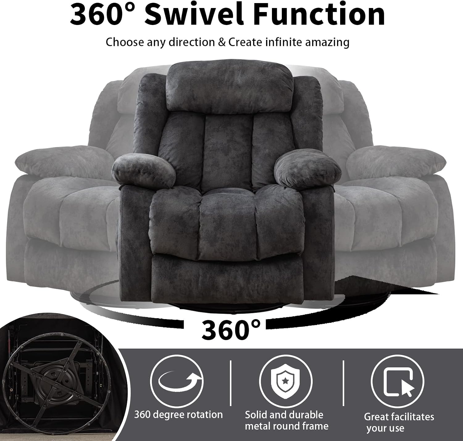 CANMOV Massage Swivel Rocker Recliner Chair with Heat and Vibration,360 Degree Manual Swivel Rocking Recliners with Side Pocket, Comfy Fabric Single Sofa Reclining Chair for Living Room, Grey