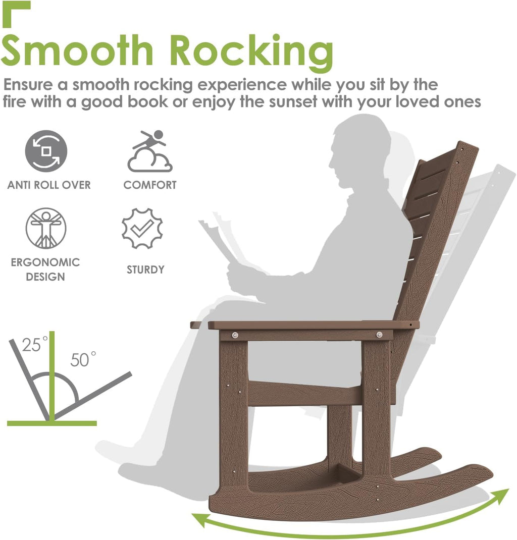 GREENVINES Outdoor Rocking Chairs | Porch Rocker | HDPE Plastic | Wood Grain | Oversized Rockers | High Back | Big & Tall | Ladder Back | Dark Brown | for Patio Outside