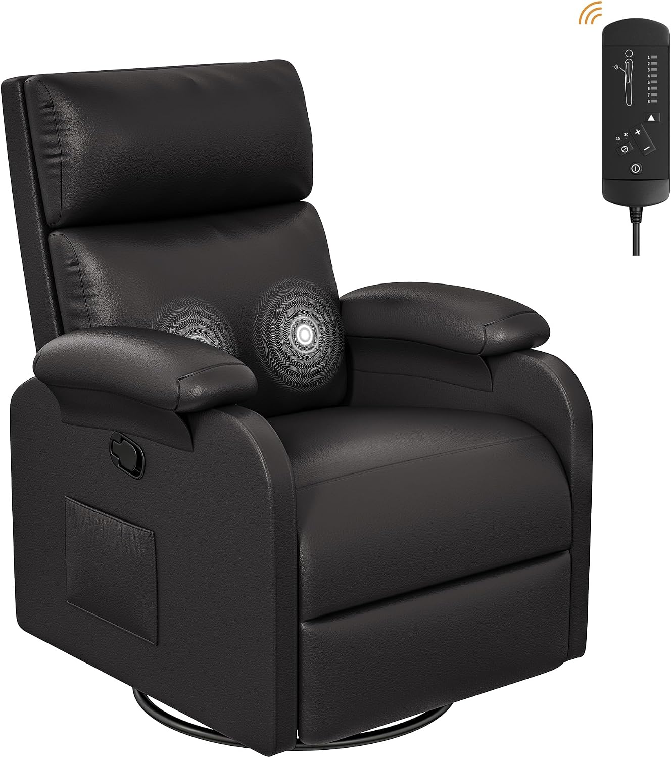 Homall Recliner Chair, 360 Swivel Rocking Chair for Adults, Massage Nursery Chair with Adjustable Backrest and Footrest, PU Leather Glider Rocker Recliners with Side Pocket for Living Room (Black)