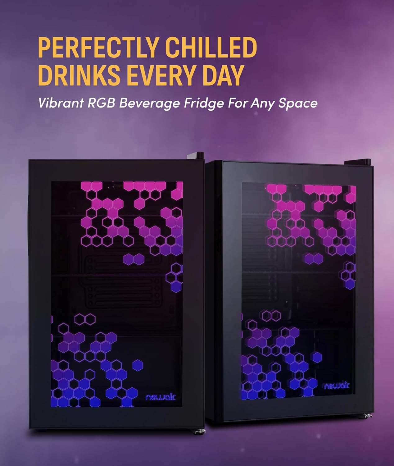 NewAir 85 Can Beverage Refrigerator with HexaColor LED Lights | Small Mini Fridge for Bedroom, Gaming Room, or Office | Remote Controlled Lighting & Quiet Cooling