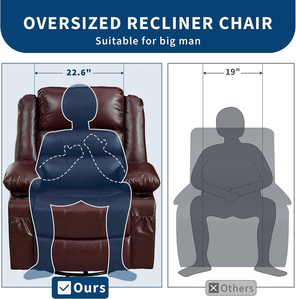 Garvee Rocking Recliner Chair for Adults 360° Swivel Rocker Recliner with Cup Holder Wide Nursery Glider with Upholstered Deep Seat PU Leather Comfy Single Sofa for Living Room Coffee