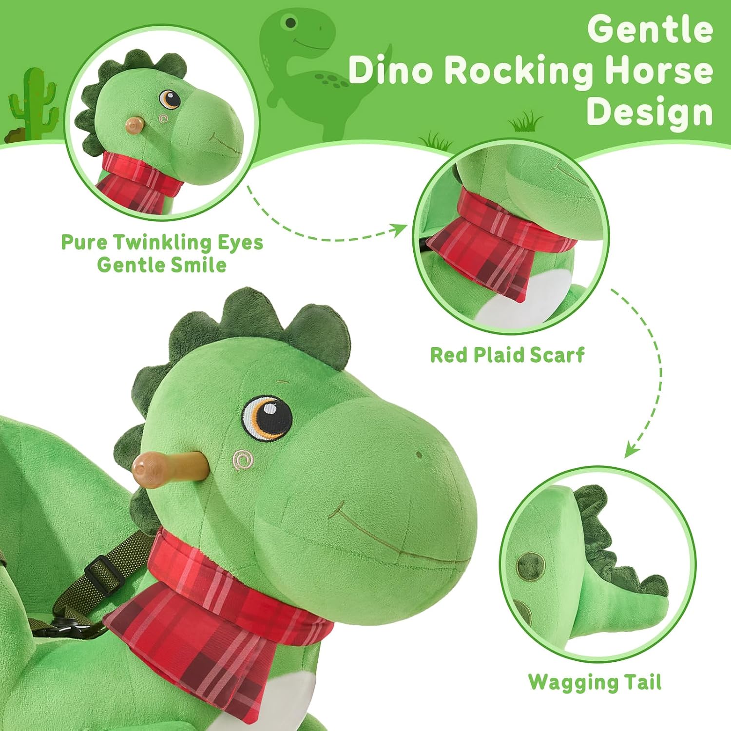 FUNLIO Dino Rocking Horse for Toddlers 1-3 Years, Premium Green Plush Rocking Dino with Soft Spikes, Big Eyes & Lovely Smile, Vibrant Colors & Realistic Scales, Easy to Assemble, CPC & CE Certified