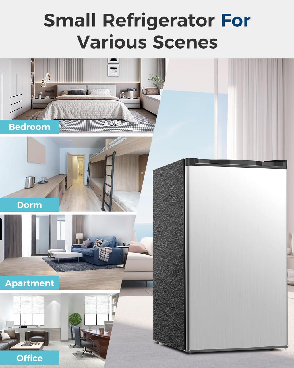 Feelfunn Mini Fridge with Freezer - 3.2 Cu.Ft Single Door Mini Refrigerator with Adjustable Thermostat, Low Noise, Energy Saving, Small Fridge for Bedroom, Apartment, Dorm, Classroom, Office - Silver