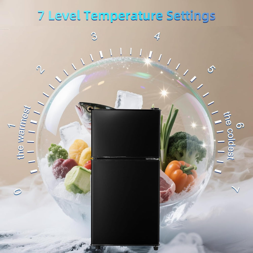 Dorm Fridge with Freezer, Small Refrigerator 3.45 Cu. Ft. with Freezer for Apartment, 7-Level Temperature Adjustable Apartment Size Fridge for Kichen, College, Office, Black
