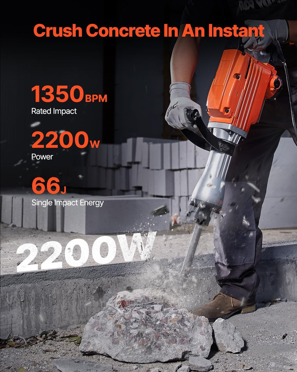 VEVOR Demolition Jack Hammer, MAX 2200W Electric Jackhammer Heavy Duty, 1400 BPM Concrete Breaker 4pcs Chisels Bit Chipping W/Case, Gloves