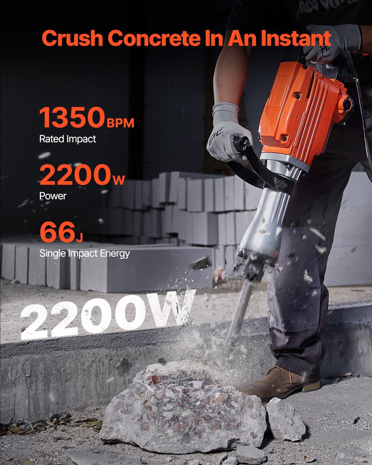 VEVOR Demolition Jack Hammer, MAX 2200W Electric Jackhammer Heavy Duty, 1400 BPM Concrete Breaker 4pcs Chisels Bit Chipping W/Case, Gloves