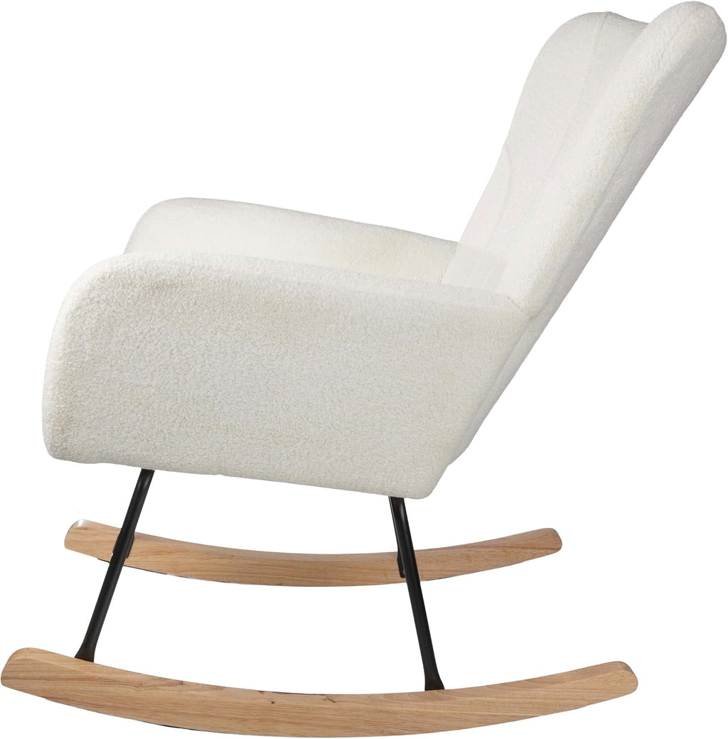 Rocking Chair - Teddy Fabric Upholstered Chair with Padded Seat and Contoured Armrests - Ergonomic Modern Rocker for Bedroom by Lavish Home (Cream)