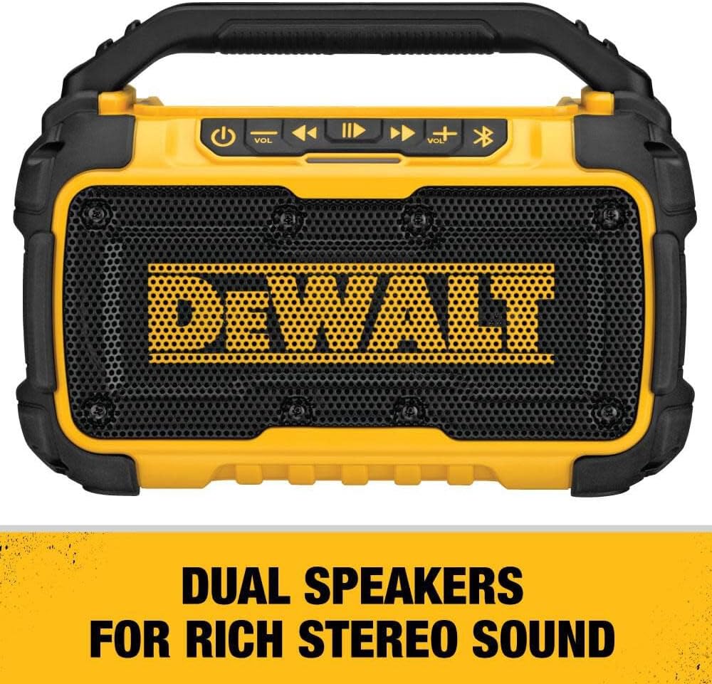 DEWALT 20V MAX Bluetooth Speaker, 100 ft Range, Durable for Jobsites, Phone Holder Included, Lasts 8-10 Hours with Single Charge (DCR010)